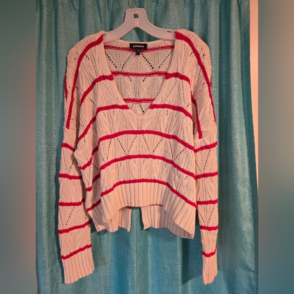 Express Women's Cream and Red Striped Sweater